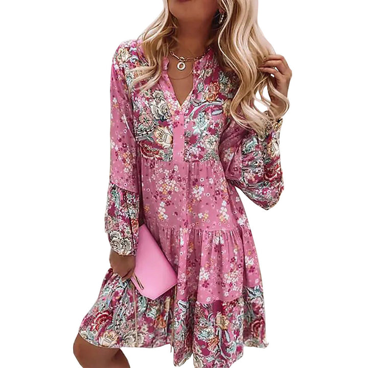 Damen nan florales Boho-Kleid mit V-Ausschnitt und Stufenrock Drune