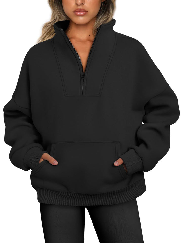Damen nan oversized Halbzip-Hoodie mit hohem Stehkragen, Kängurutasche und gerippten Bündchen Drune