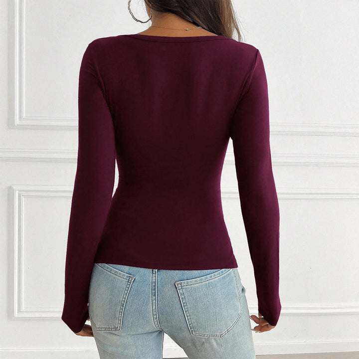Damen nan tailliertes Langarmshirt mit geraffter Knopfleiste und tiefem V-Ausschnitt Drune