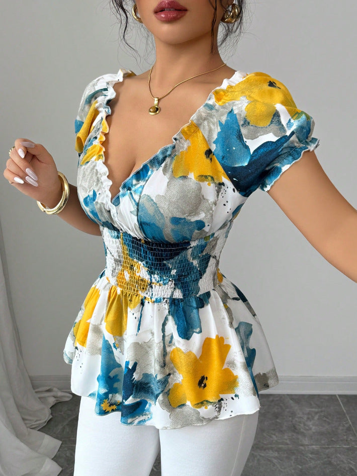 Damen Bluse mit floralen Rüschen und elastischem Taillenbund Drune