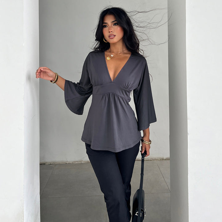 Damen Elegantes Wickeloberteil mit weitem Ärmel und V-Ausschnitt Drune