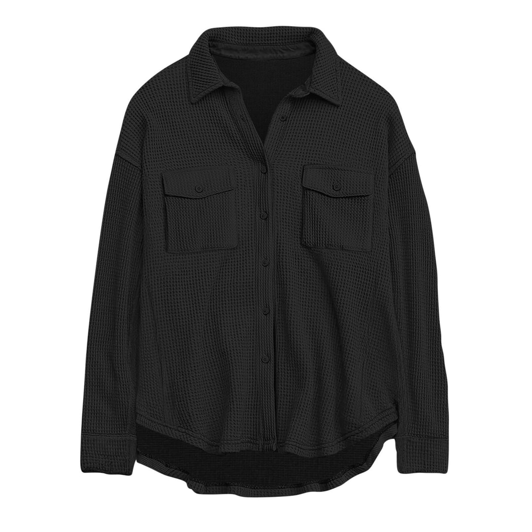 Damen nan oversized Waffelstrick Hemdjacke mit Brusttaschen und Knopfleiste Drune