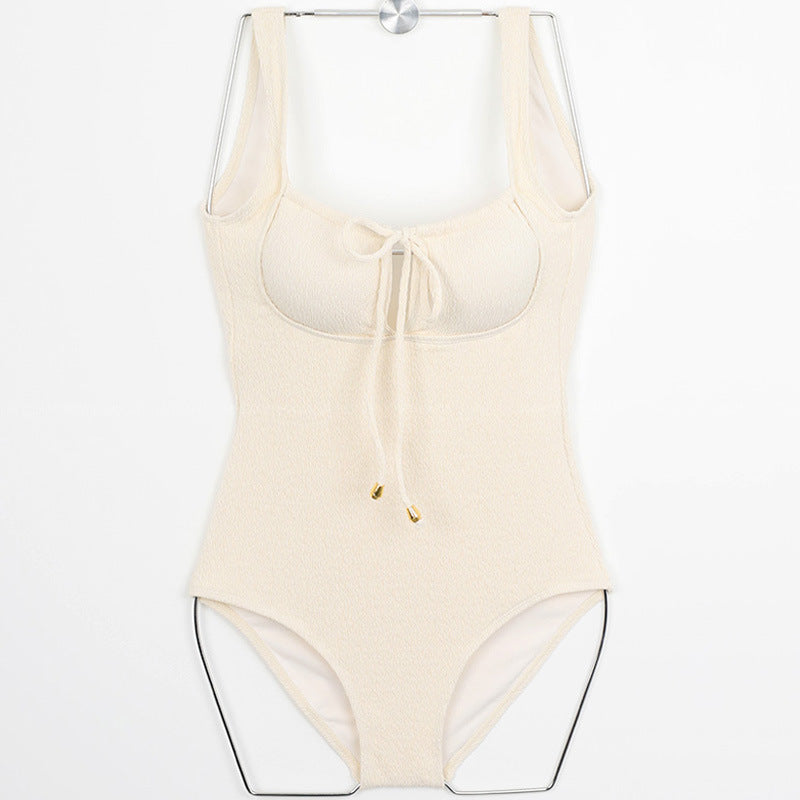 Damen Einteiler Badeanzug mit hochgeschlossenem Toper Design und modischem Schnürdetail Drune