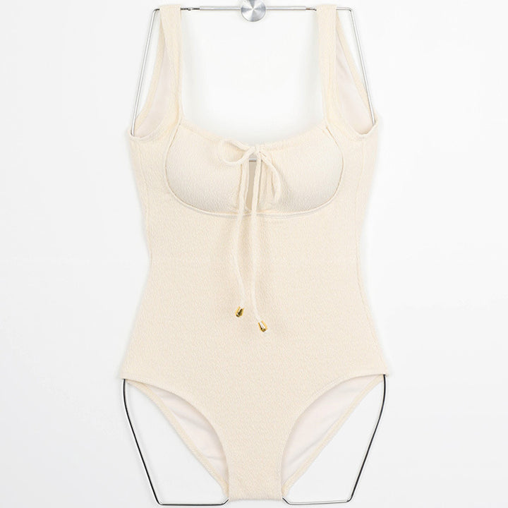 Damen Einteiler Badeanzug mit hochgeschlossenem Toper Design und modischem Schnürdetail Drune