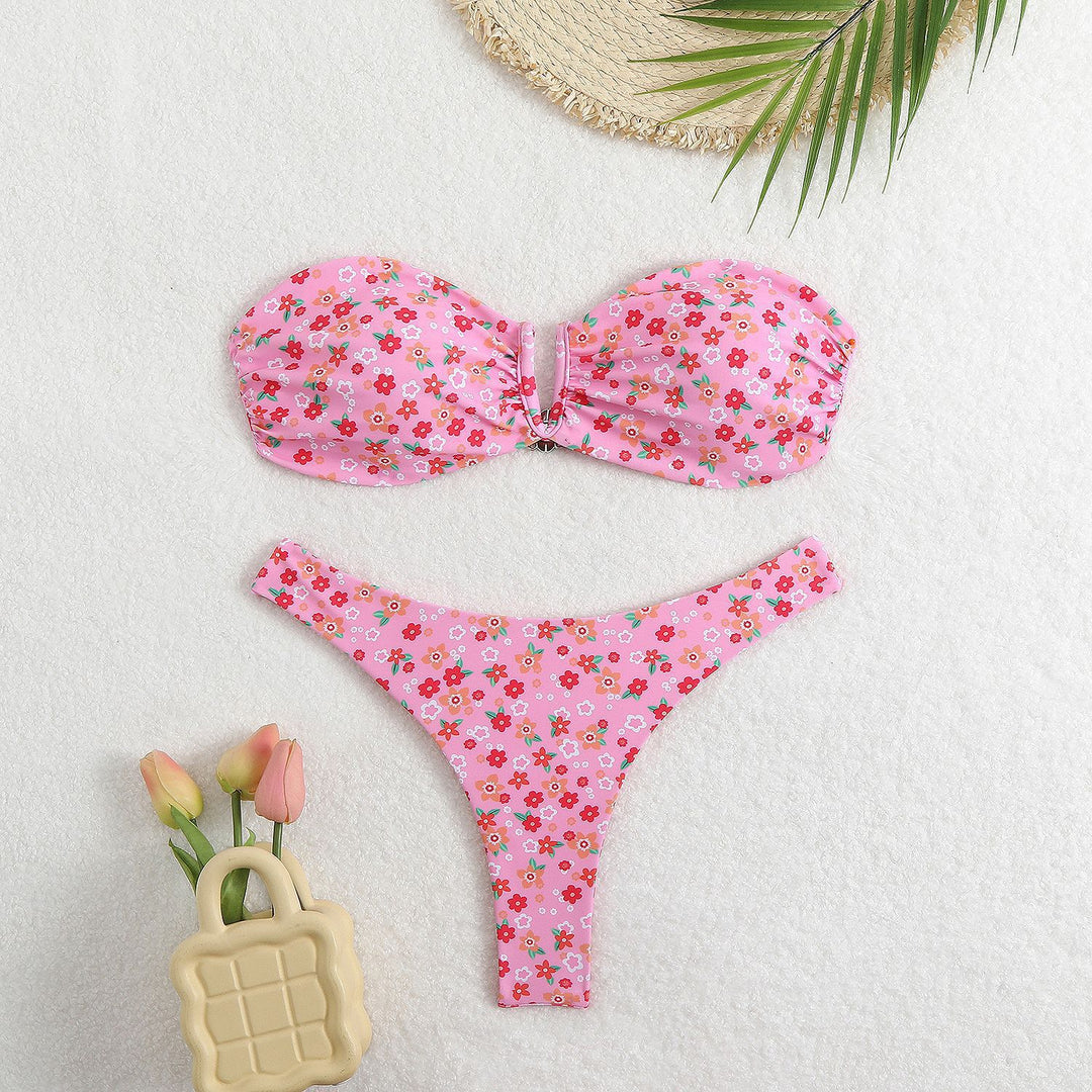 Damen Bandeau-Bikini mit floralem Design und elegantem Verschluss Drune