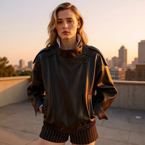 Damen modische Kunstlederjacke mit hohem Kragen und praktischen Taschen Drune