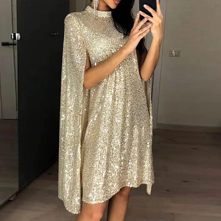 Damen Glamouröses Paillettenkleid mit Cape-Ärmeln Drune