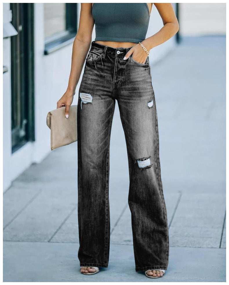 Damen Weit geschnittene Jeans mit Distressed-Effekten und hohem Bund Drune
