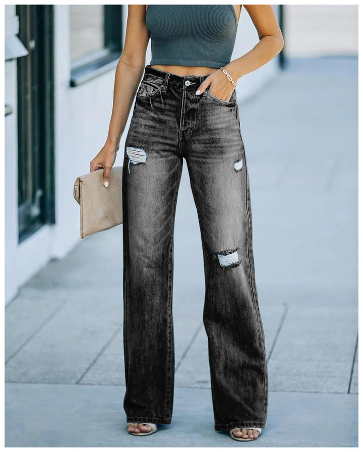 Damen Weit geschnittene Jeans mit Distressed-Effekten und hohem Bund Drune
