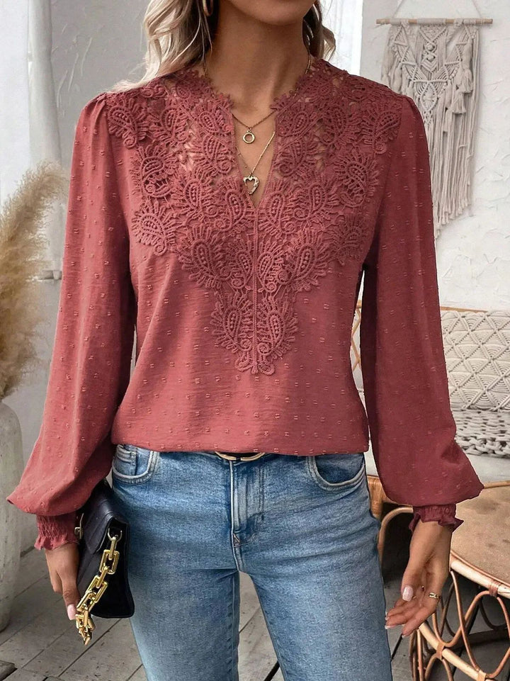 Damen elegante Bluse mit besticktem V-Ausschnitt Drune