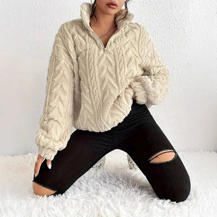 Damen Flauschiger Oversized-Pullover mit Zipper und Rippstruktur Drune