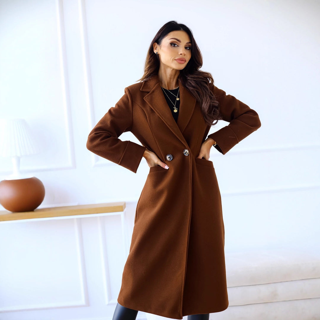 Damen Eleganter und modischer Wollmantel mit doppelter Knopfreihe Drune