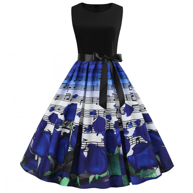 Damen Midi-Kleid mit floralem Rosendesign und harmonischem Notendruck Drune