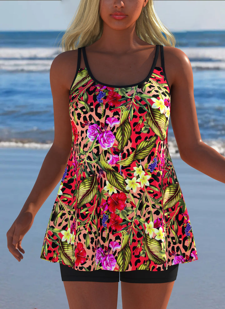 Damen Schwimmanzug in Plissee-Optik mit floralen Mustern und bequemen Shorts Drune