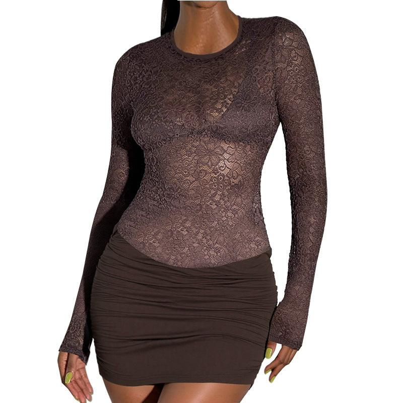 Damen verlaufendes Minikleid mit Spitzenoberteil und langem Arm Drune