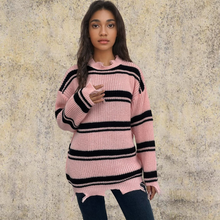 Damen Oversized Strickpullover mit trendigem Streifenmuster und Fransendetails Drune