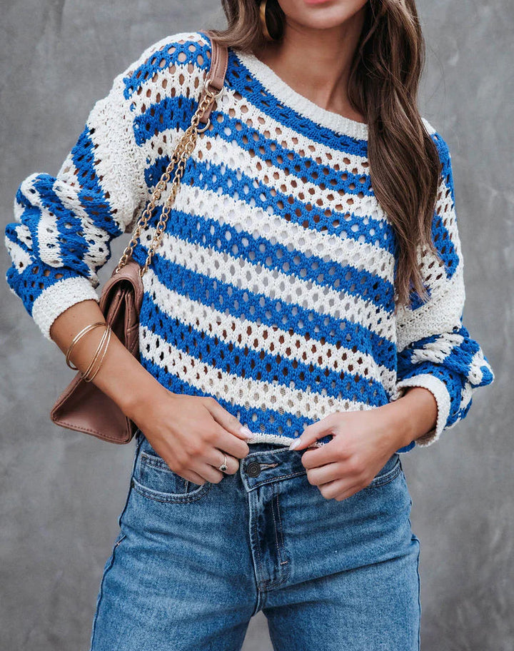 Damen luftiger Strickpullover mit großflächigem Lochmuster und Streifendesign Drune