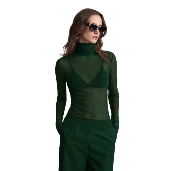 Damen Elegantes langärmliges transparentes Oberteil mit hohem Kragen Drune
