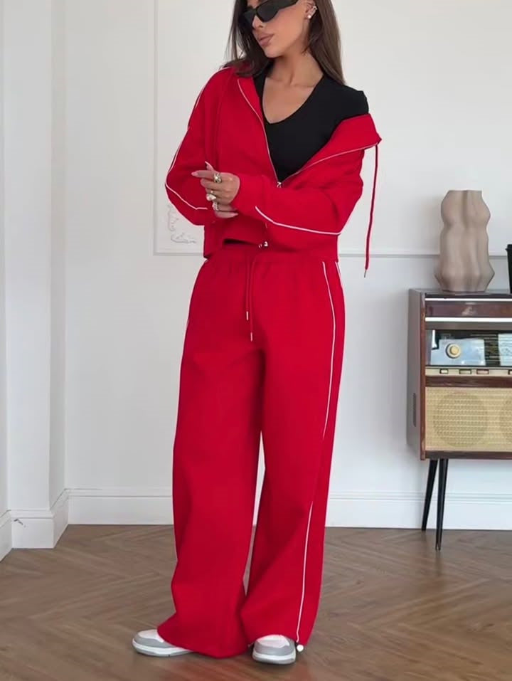 Damen Sportliches Jogging Ensemble mit Kapuze und seitlichen Streifen Drune