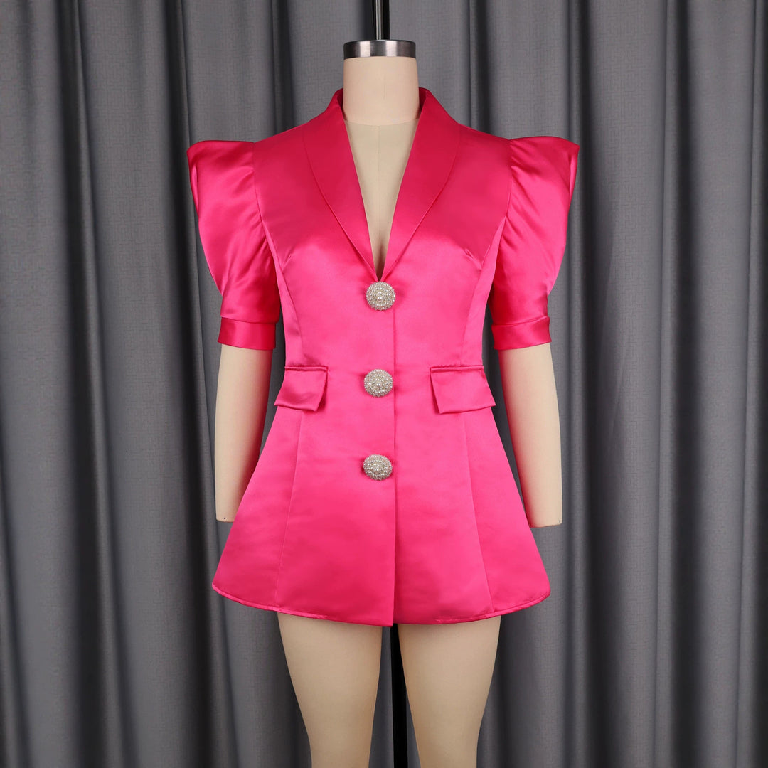 Damen Elegantes Blazer-Kleid mit Puffärmeln und Glitzerknöpfen Drune