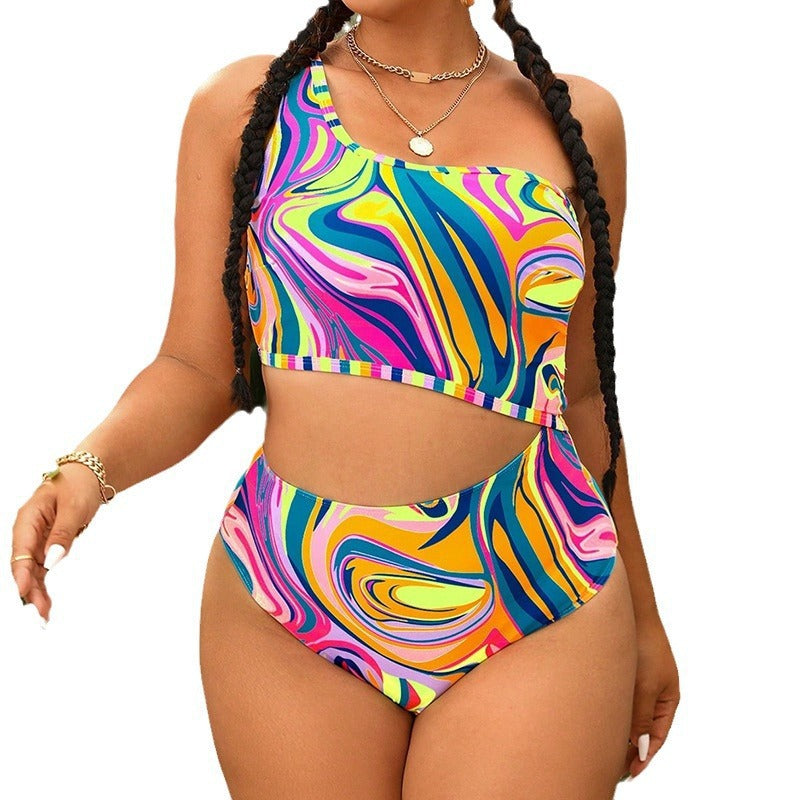 Damen Einteiliges Badeanzug-Set mit asymmetrischem Design und buntem Mustermix Drune