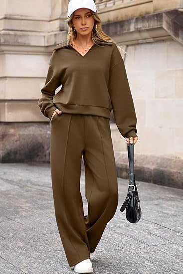 Damen lässiges Freizeit-Set mit V-Ausschnitt und weitem Schnitt Drune