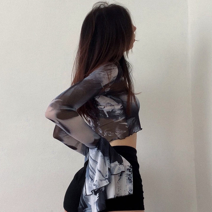 Damen Langarm Crop-Top mit kreative Grafik-Printdetails und ausgestellten Ärmeln Drune