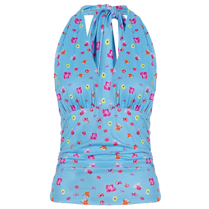 Damen Neckholder-Bluse mit Blumendruck und Raffungen Drune