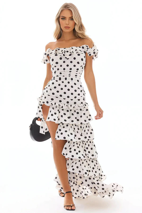 Damen Off-Shoulder Maxikleid mit Rüschen und aufregendem Schlitz Drune