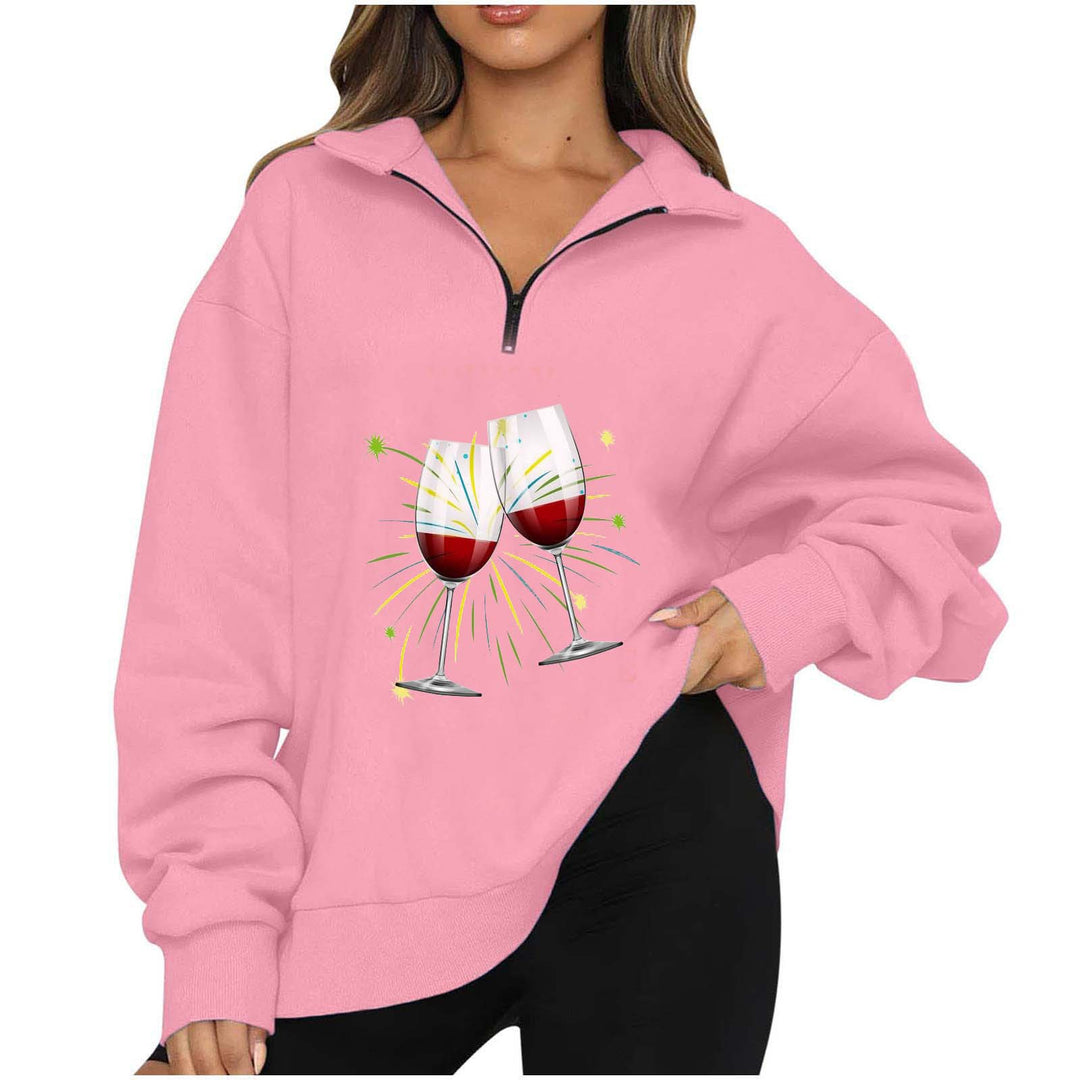 Damen Oversized Pullover mit Reißverschluss und fröhlichem Party-Motiv Drune