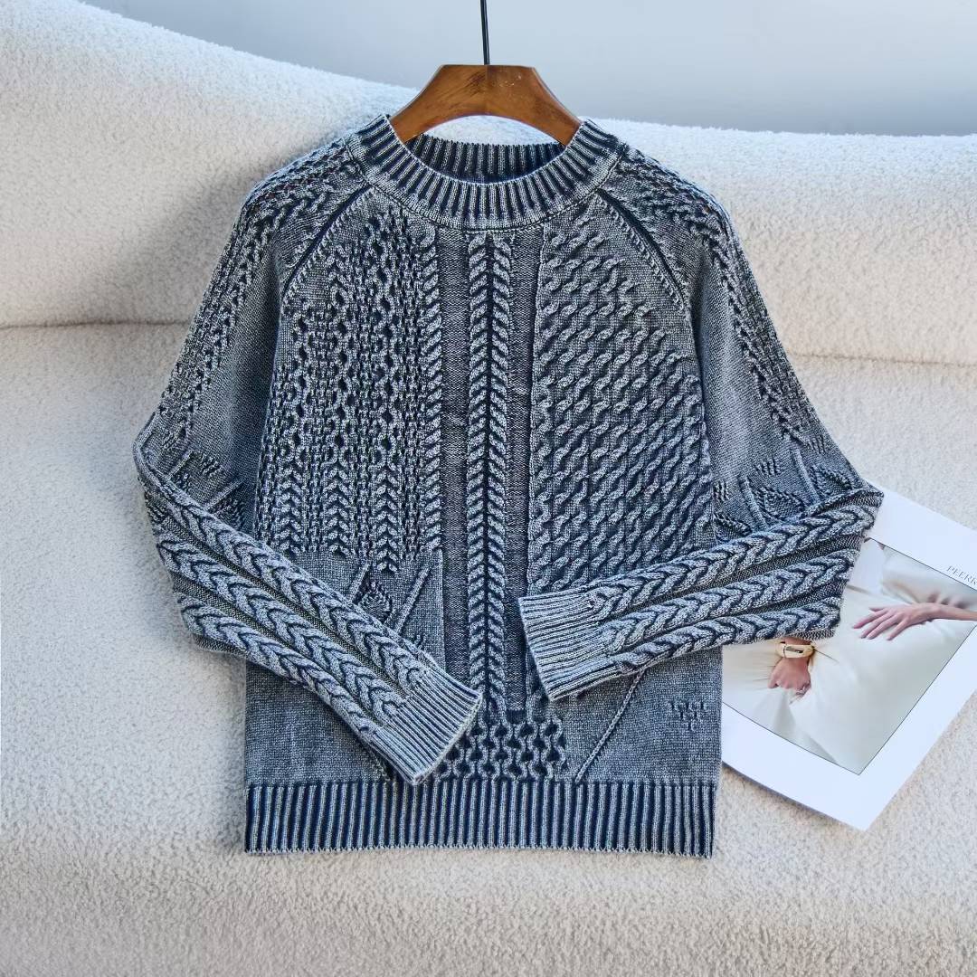 Damen modischer Pullover mit strukturiertem Zopf-Design und Rundhalsausschnitt Drune