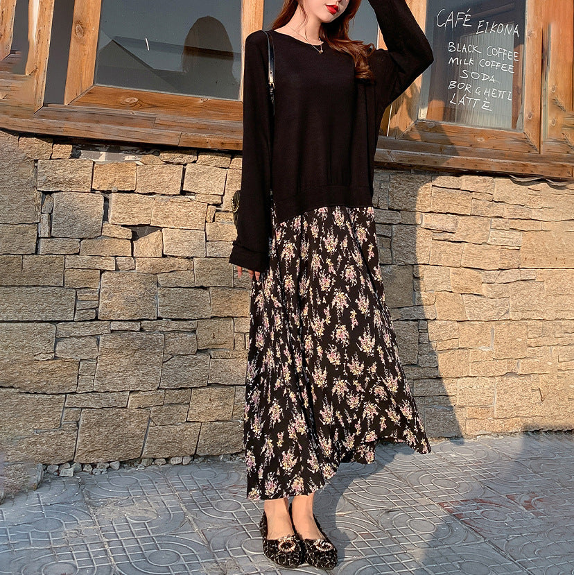 Damen nan lässiges Lagenkleid mit Sweatshirtoberteil und bedrucktem Midirock Drune