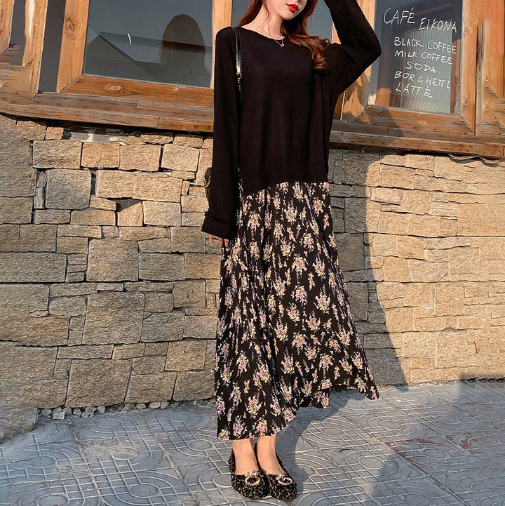 Damen nan lässiges Lagenkleid mit Sweatshirtoberteil und bedrucktem Midirock Drune