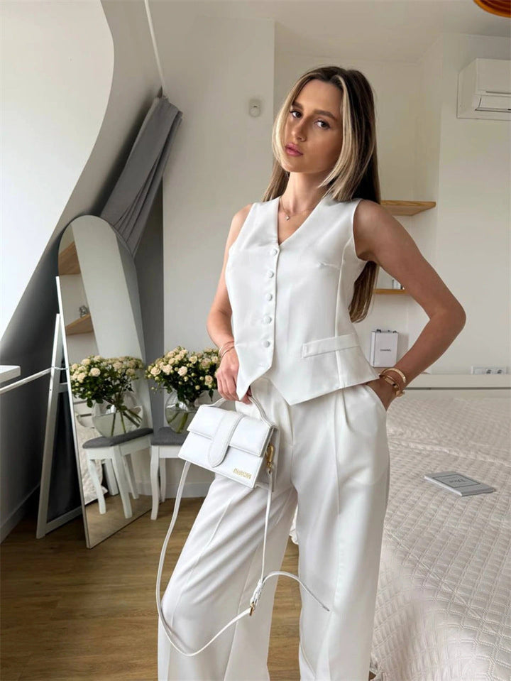 Damen elegantes 3-teiliges Anzug-Set mit ärmelloser Weste und weiten Hosen Drune
