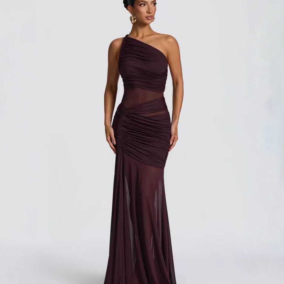 Damen elegantes asymmetrisches Abendkleid mit raffinierten Rüschendetails Drune