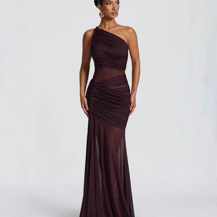 Damen elegantes asymmetrisches Abendkleid mit raffinierten Rüschendetails Drune