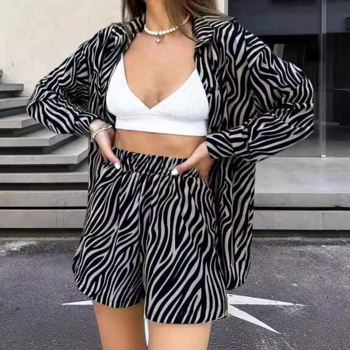 Damen elegante Kurzarmbluse mit Zebra-Print Drune
