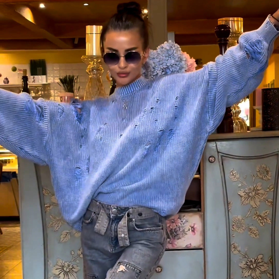 Damen lässiger Pullover mit modischem Rissdesign und voluminösen Ärmeln Drune