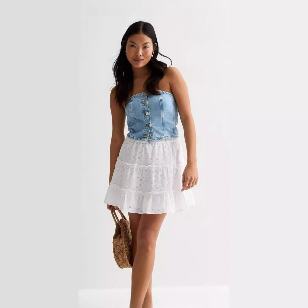 Damen Denim-Crop-Top mit romantischem Rüschenshirt Drune