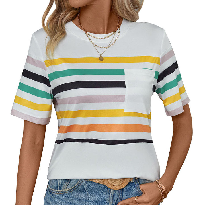 Damen Kurzarm T-Shirt mit buntem Streifenmuster und Brusttasche Drune