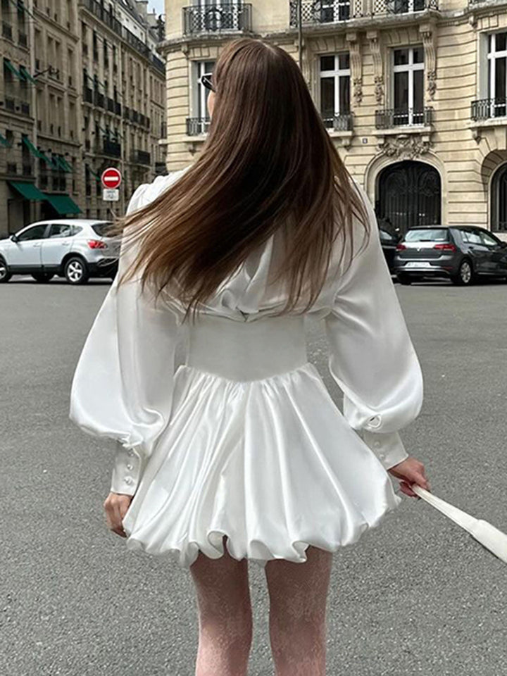 Damen elegantes Minikleid mit tiefem V-Ausschnitt, voluminösen Ärmeln und taillierter Taille Drune