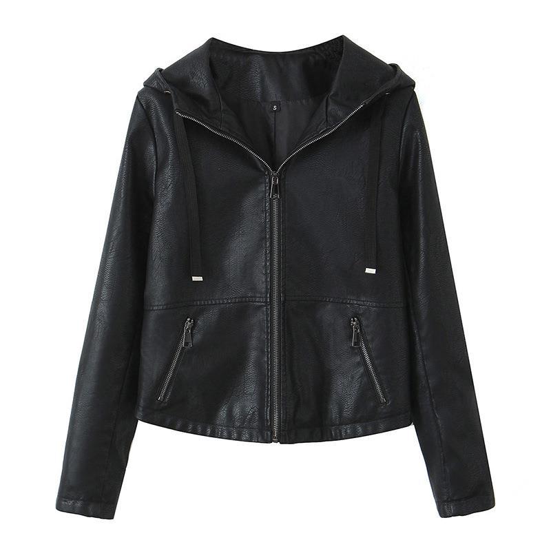 Damen Kunstlederjacke mit praktischer Kapuze und seitlichen Reißverschlusstaschen Drune