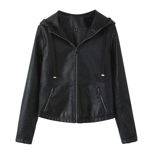 Damen Kunstlederjacke mit praktischer Kapuze und seitlichen Reißverschlusstaschen Drune
