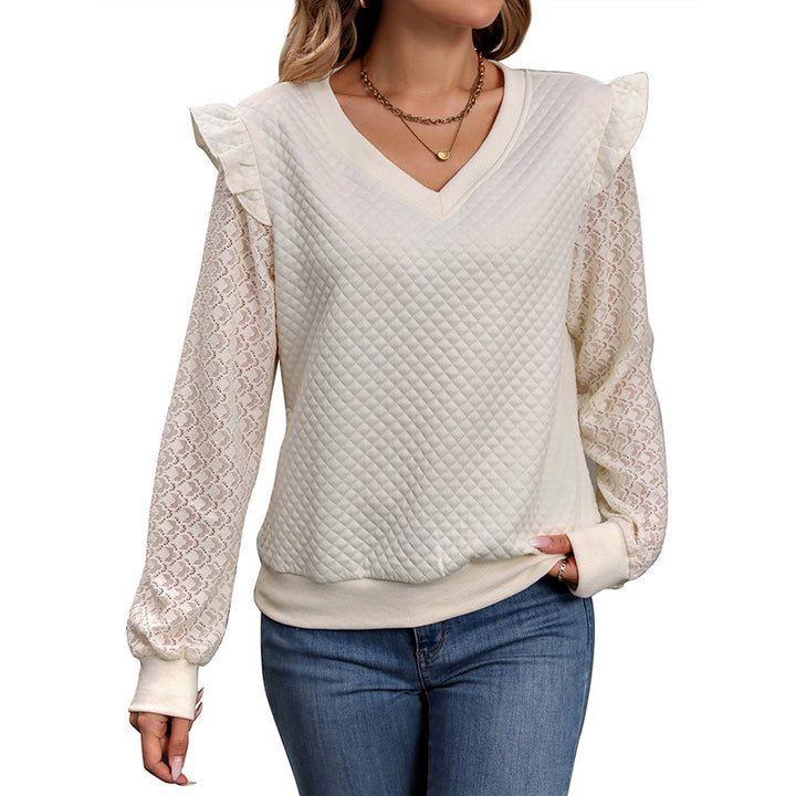 Damen lässiger Pullover mit Spitzenärmeln und strukturiertem Waffelmuster Drune