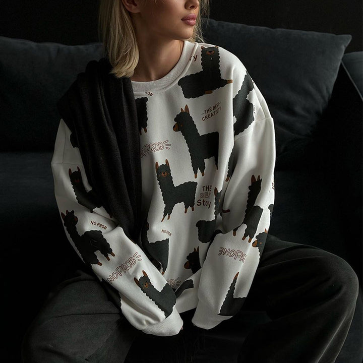 Damen lässiger Sweatshirt mit kreativem Lama-Motiv Drune