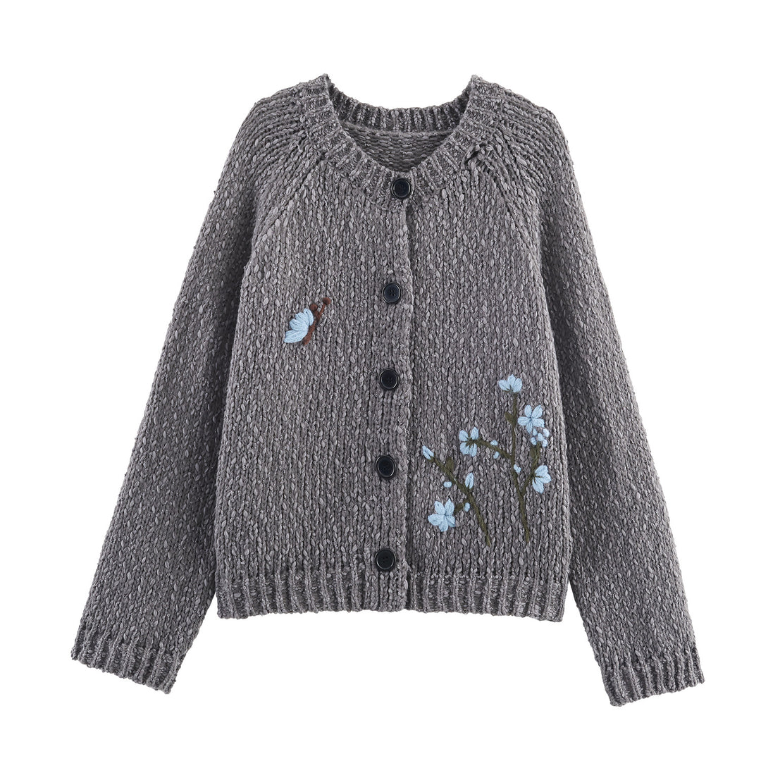 Damen Strickjacke mit floralem Stickmuster und Knopfverschluss Drune