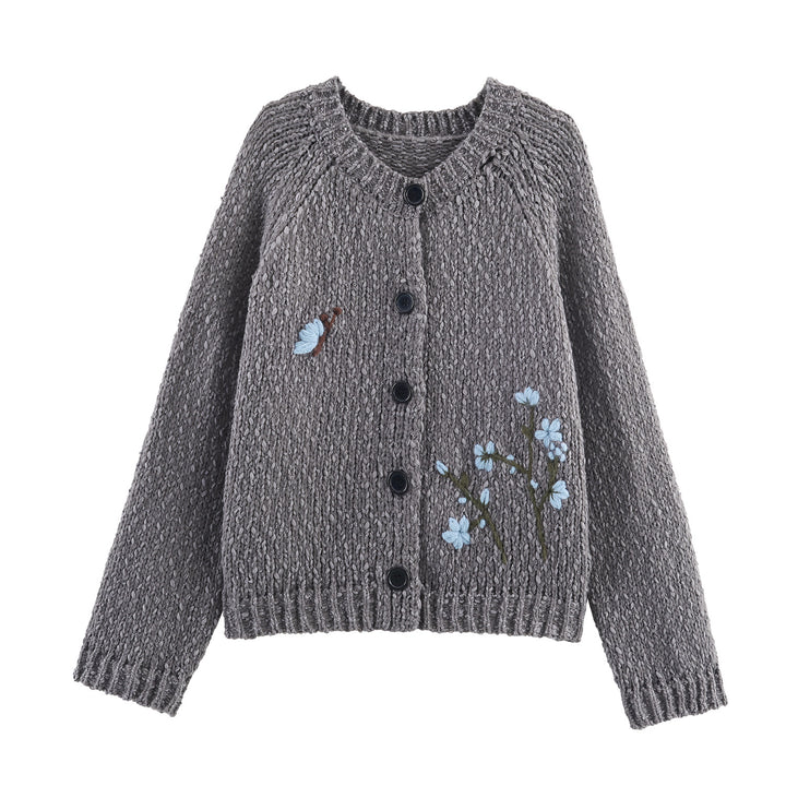Damen Strickjacke mit floralem Stickmuster und Knopfverschluss Drune