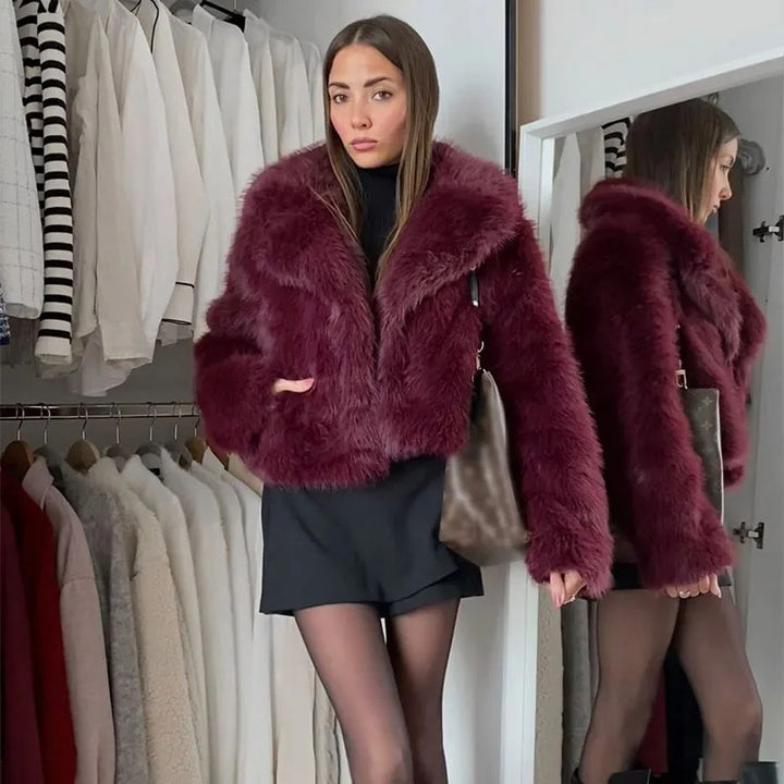 Damen Kunstpelzjacke mit voluminösem Kragen und elegantem Schnitt Drune