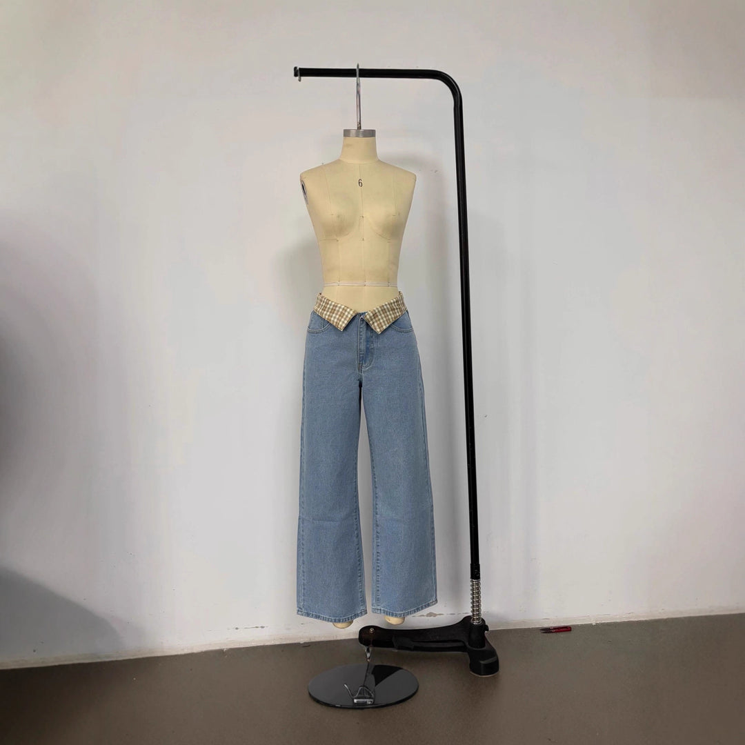 Damen Weite Jeans mit kariertem Bund Drune