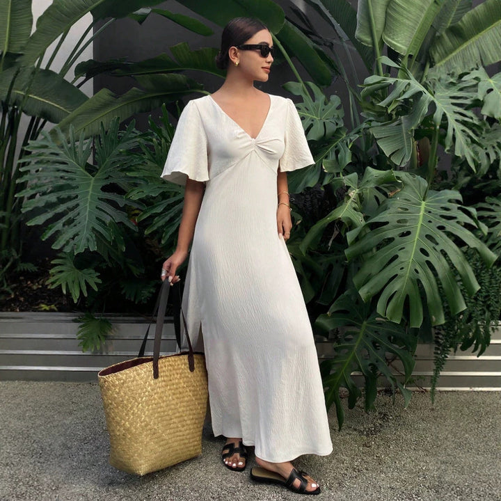 Damen Maxikleid mit fließenden Ärmeln und V-Ausschnitt Drune